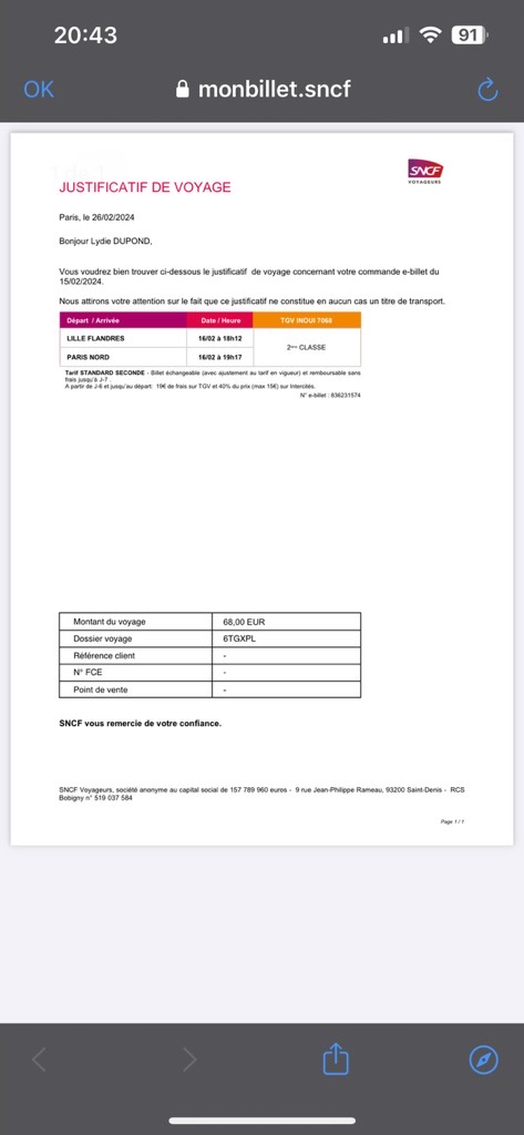 Pantalla que muestra el documento de viaje descargado de la aplicación SNCF Connect